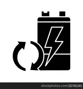 Recyclable battery black glyph icon. Reuse old accumulators. Valuable materials recovery. Resource waste prevention. Circular economy. Silhouette symbol on white space. Vector isolated illustration. Recyclable battery black glyph icon