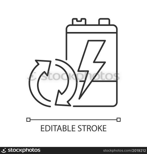 Recyclable battery linear icon. Reuse old accumulators. Valuable materials recovery. Thin line customizable illustration. Contour symbol. Vector isolated outline drawing. Editable stroke. Recyclable battery linear icon