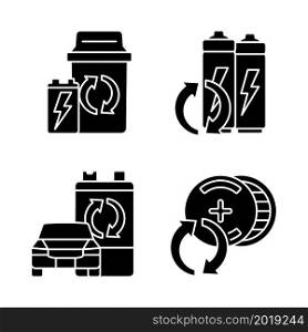 Recyclable battery types black glyph icons set on white space. Lithium-ion battery recycling. Electric vehicle accumulator reuse. Disposal container. Silhouette symbols. Vector isolated illustration. Recyclable battery types black glyph icons set on white space