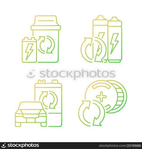 Recyclable battery types gradient linear vector icons set. Lithium-ion battery recycling. Car accumulator reuse. Thin line contour symbols bundle. Isolated outline illustrations collection. Recyclable battery types gradient linear vector icons set