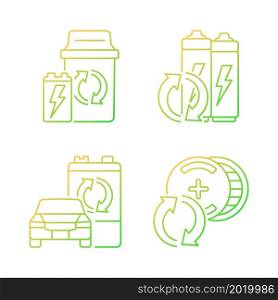 Recyclable battery types gradient linear vector icons set. Lithium-ion battery recycling. Car accumulator reuse. Thin line contour symbols bundle. Isolated outline illustrations collection. Recyclable battery types gradient linear vector icons set