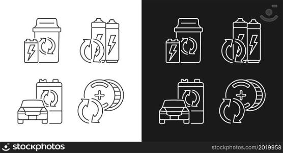 Recyclable battery types linear icons set for dark and light mode. Lithium-ion recycling. Car accumulator reuse. Customizable thin line symbols. Isolated vector outline illustrations. Editable stroke. Recyclable battery types linear icons set for dark and light mode