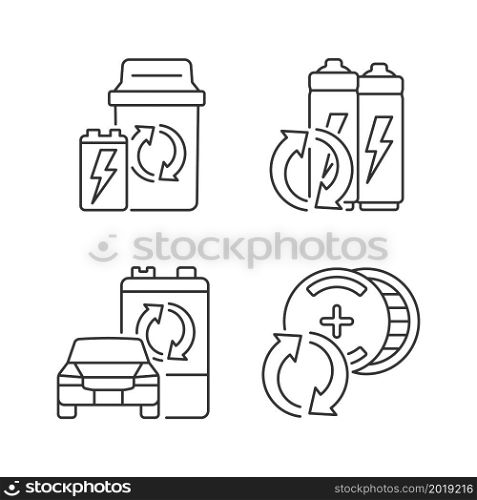 Recyclable battery types linear icons set. Lithium-ion battery recycling. Car accumulator reuse. Customizable thin line contour symbols. Isolated vector outline illustrations. Editable stroke. Recyclable battery types linear icons set