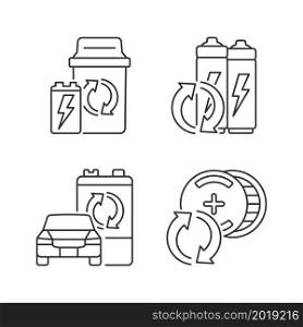 Recyclable battery types linear icons set. Lithium-ion battery recycling. Car accumulator reuse. Customizable thin line contour symbols. Isolated vector outline illustrations. Editable stroke. Recyclable battery types linear icons set