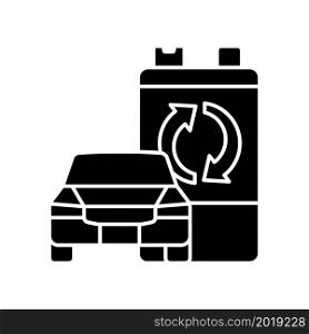 Recyclable EV battery black glyph icon. Electric vehicle accumulator reuse. Hybrid car battery material recovery. Waste processing. Silhouette symbol on white space. Vector isolated illustration. Recyclable EV battery black glyph icon