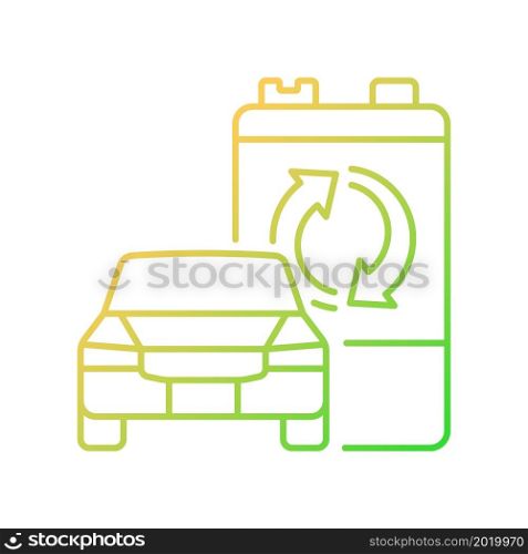 Recyclable EV battery gradient linear vector icon. Electric vehicle accumulator reuse. E-waste processing. Thin line color symbol. Modern style pictogram. Vector isolated outline drawing. Recyclable EV battery gradient linear vector icon