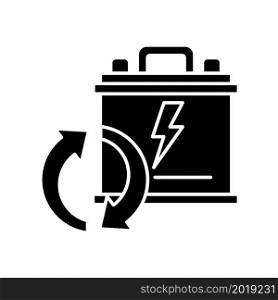 Recyclable lead-acid batteries black glyph icon. Car accumumlator recycling. Rechargeable energy cell. Environment protection. Silhouette symbol on white space. Vector isolated illustration. Recyclable lead-acid batteries black glyph icon