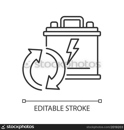 Recyclable lead-acid batteries linear icon. Car accumumlator recycling. Rechargeable energy cell. Thin line customizable illustration. Contour symbol. Vector isolated outline drawing. Editable stroke. Recyclable lead-acid batteries linear icon