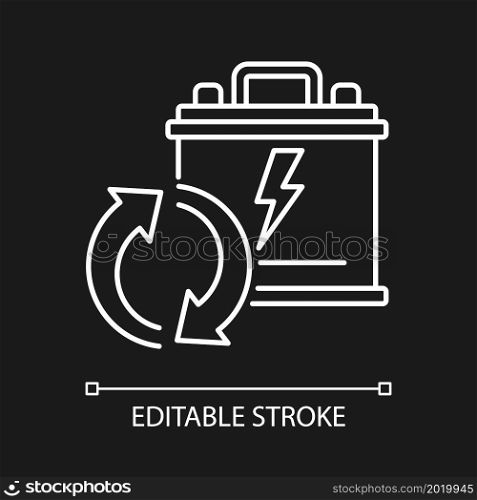 Recyclable lead-acid batteries white linear icon for dark theme. Car accumulator recycling. Thin line customizable illustration. Isolated vector contour symbol for night mode. Editable stroke. Recyclable lead-acid batteries white linear icon for dark theme