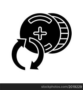 Recyclable silver-oxide batteries black glyph icon. Watch battery. Reuse discharged button cell. Electronic device miniature accumulator. Silhouette symbol on white space. Vector isolated illustration. Recyclable silver-oxide batteries black glyph icon