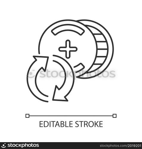 Recyclable silver-oxide batteries linear icon. Watch battery. Reuse discharged button cell. Thin line customizable illustration. Contour symbol. Vector isolated outline drawing. Editable stroke. Recyclable silver-oxide batteries linear icon