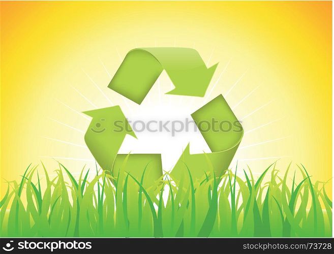 Recyclable Symbol. Illustration of the recyclable eco symbol on a summer backgrounds, with grass and flashy sunlight