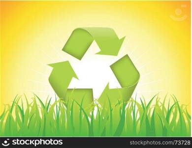 Recyclable Symbol. Illustration of the recyclable eco symbol on a summer backgrounds, with grass and flashy sunlight