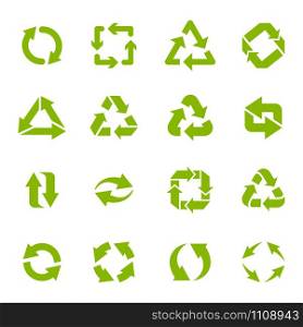 Recycle arrows. Garbage circular, triangle and square recycling icons, eco protection elements and recycled eco sign vector isolated icons set. Waste disposal alternative. Sustainable resource use. Recycle arrows. Garbage circular recycling icons, eco protection elements and recycled eco sign vector isolated icons set. Waste processing. Sustainable living. Safe environment