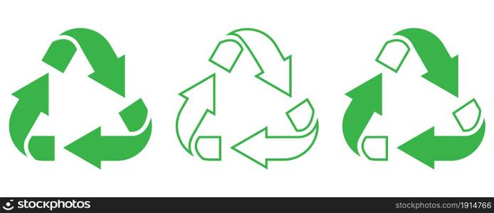 Recycle arrows set icon. Green triangular element. Eco logo. Flat sign. Save nature. Vector illustration. Stock image. EPS 10.. Recycle arrows set icon. Green triangular element. Eco logo. Flat sign. Save nature. Vector illustration. Stock image.