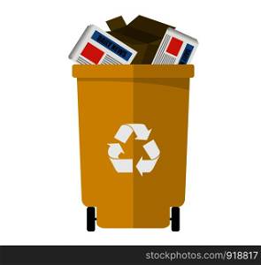 Recycle bin full of crumpled paper. Vector icon