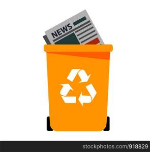 Recycle bin full of crumpled paper. Vector icon