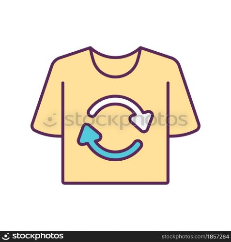 Recycle clothing RGB color icon. Reuse an reprocess old wear. Sustainable consumption. Ecological approach. Give away things. Isolated vector illustration. Simple filled line drawing. Recycle clothing RGB color icon