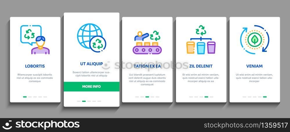 Recycle Factory Ecology Industry Onboarding Mobile App Page Screen Vector. Garbage Truck And Plant, Recycling Rubbish And Trash, Recycle Factory Collection Color Contour Illustrations. Recycle Factory Ecology Industry Onboarding Elements Icons Set Vector