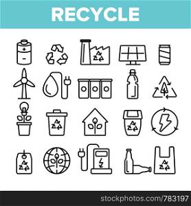 Recycle, Garbage Sorting Vector Linear Icons Set. Eco Material Recycle Outline Symbols Pack. Zero Waste, Earth Day. Nature, Environment Protection. No Air Pollution Isolated Contour Illustrations. Recycle, Garbage Sorting Vector Linear Icons Set