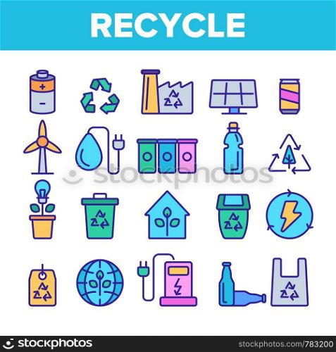 Recycle, Garbage Sorting Vector Linear Icons Set. Eco Material Recycle Outline Symbols Pack. Zero Waste, Earth Day. Nature, Environment Protection. No Air Pollution Isolated Contour Illustrations. Recycle, Garbage Sorting Vector Linear Icons Set