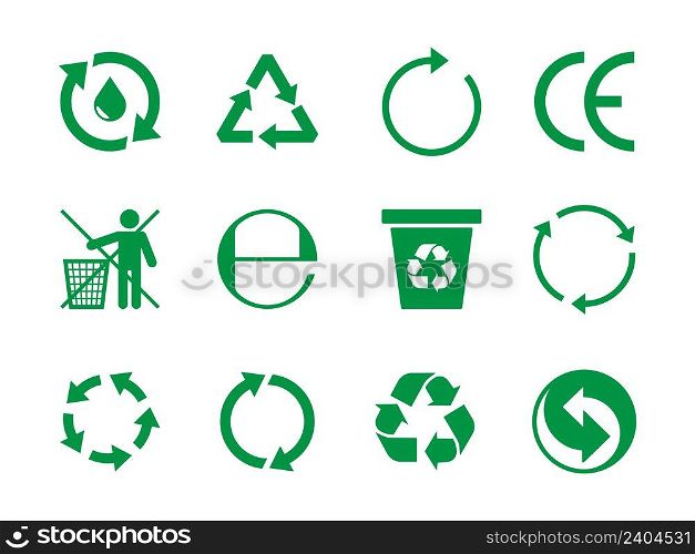 Recycle icon. Stylized round arrow symbols clean nature save ecology organic environment garish vector green shapes collection. Ecology recycle symbol environment, element environmental illustration. Recycle icon. Stylized round arrow symbols clean nature save ecology organic environment garish vector green shapes collection