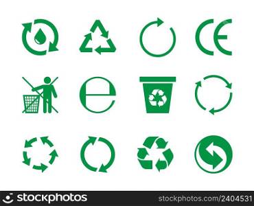 Recycle icon. Stylized round arrow symbols clean nature save ecology organic environment garish vector green shapes collection. Ecology recycle symbol environment, element environmental illustration. Recycle icon. Stylized round arrow symbols clean nature save ecology organic environment garish vector green shapes collection