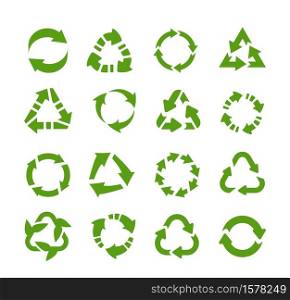 Recycle icons. Circle arrows, product reuse and eco symbols, environmental protection logo. Collection green flat emblems for posters, banners and packaging vector isolated round ecology signs. Recycle icons. Circle arrows, product reuse and eco symbols, environmental protection logo. Green flat emblems for posters, banners and packaging vector isolated round ecology signs