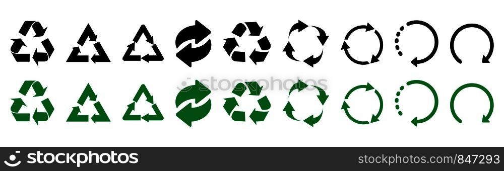 Recycle icons. Set of black and green recycle icons. Vector illustrtion. Recycle icons. Set of black and green recycle icons