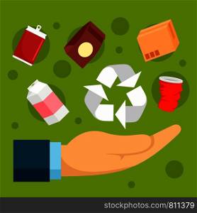 Recycle object in palm concept background. Flat illustration of recycle object in palm vector concept background for web design. Recycle object in palm concept background, flat style