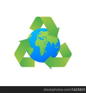 Recycle recycling symbol. Green earth globe vector design. Environment, ecology, nature protection concept. Vector stock illustration. Recycle recycling symbol. Green earth globe vector design. Environment, ecology, nature protection concept. Vector stock illustration.