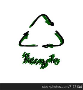 Recycle sign hand drawn brush. Recycle black and green color. Recycle vector icon. Eps10. Recycle sign hand drawn brush. Recycle black and green color. Recycle vector icon