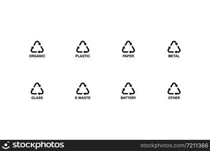 Recycle symbol black icons Organic Plastic Paper Metal Glass E-Waste Battery and other. Recycle black icons, isolated on white background. Separation recycle icons concept. Vector illustration