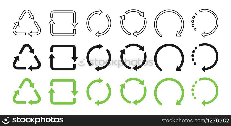 Recycle symbol collection. Recycled flat and linear design. Recycle black and green vector icons in a row, isolated on white background. Set of recycle vector icons. Vector illustration