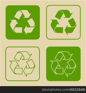 Recycle Symbol Set Isolated. Vector illustration of green recycle symbol isolated on white background. Set of recycling sign, on paper, in flat style.