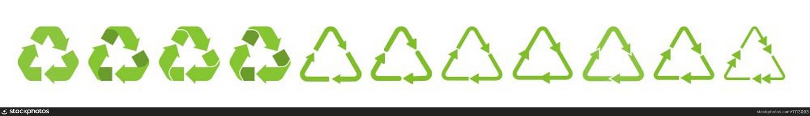 Recycle triangle arrow symbols set vector illustration. Green solid pictograms of reuse or recycling process, arrow cycle in triangle shape isolated on white background for enviromental infographic. Solid green recycle triangle arrow symbols set