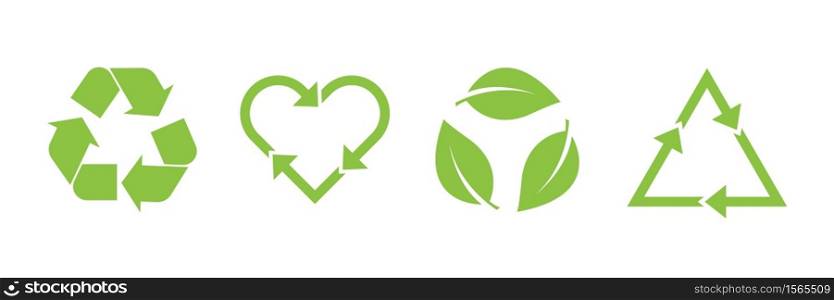 Recycle vector icon set. Arrows, heart and leaf recycle eco green symbol. Rounded angles. Recycled signs illustration isolated on white background.. Recycle vector icon set. Arrows, heart and leaf recycle eco green symbol. Rounded angles.