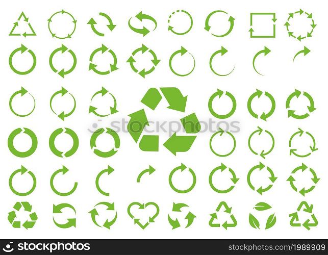Recycle vector icon set. Arrows, heart and leaf recycle eco green symbol. Rounded angles. Recycled signs illustration isolated on white background.. Recycle vector icon set. Arrows, heart and leaf recycle eco green symbol.