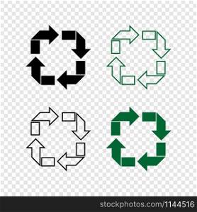 Recycle vector icons collection. Recycle icons in linear and flat design, isolated on transparent background. Black and Green Arrows Recycle eco symbol. Vector illustration