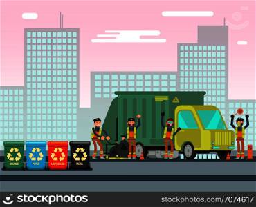 Recycle waste bins with different waste types. Waste management concept with sanitation workers, garbage truck and trash bins. Vector illustration. Recycle waste bins with different waste types