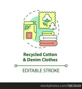 Recycled cotton, denim clothes concept icon. Recycling of waste. Nature, environment protection abstract idea thin line illustration. Vector isolated outline color drawing. Editable stroke. Recycled cotton, denim clothes concept icon. abstract idea thin line illustration