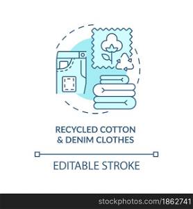 Recycled cotton, denim materials concept icon. Recycling of garbage. Nature, environment protection abstract idea thin line illustration. Vector isolated outline color drawing. Editable stroke. Recycled cotton, denim materials concept icon
