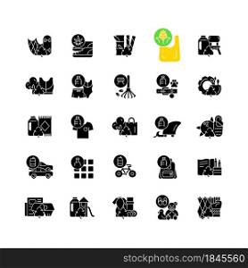 Recycled materials black glyph icons set on white space. Sustainable option. Eco friendly products. Pollution control. Decreasing carbon footprint. Silhouette symbols. Vector isolated illustration. Recycled materials black glyph icons set on white space