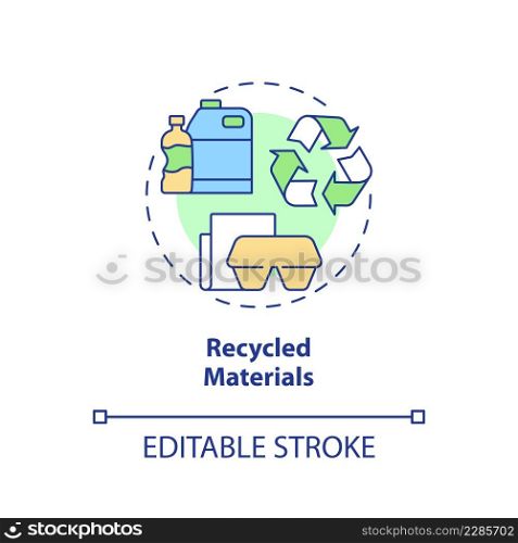 Recycled materials concept icon. Circular economy keystone abstract idea thin line illustration. Saving resources. Isolated outline drawing. Editable stroke. Arial, Myriad Pro-Bold fonts used. Recycled materials concept icon