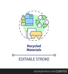 Recycled materials concept icon. Circular economy keystone abstract idea thin line illustration. Saving resources. Isolated outline drawing. Editable stroke. Arial, Myriad Pro-Bold fonts used. Recycled materials concept icon