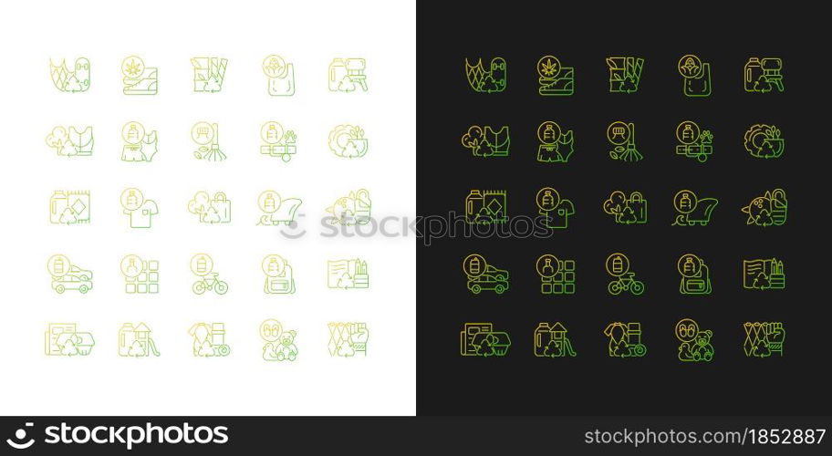 Recycled materials gradient icons set for dark and light mode. Eco friendly products. Thin line contour symbols bundle. Isolated vector outline illustrations collection on black and white. Recycled materials gradient icons set for dark and light mode