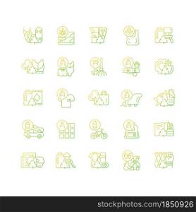 Recycled materials gradient linear vector icons set. Sustainable option. Eco friendly product. Pollution control. Thin line contour symbols bundle. Isolated outline illustrations collection. Recycled materials gradient linear vector icons set