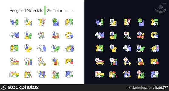 Recycled materials light and dark theme RGB color icons set. Sustainable option. Eco friendly product. Isolated vector illustrations on white and black space. Simple filled line drawings pack. Recycled materials light and dark theme RGB color icons set