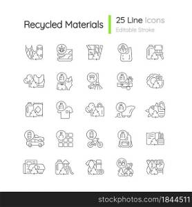 Recycled materials linear icons set. Sustainable option. Eco friendly product. Pollution control. Customizable thin line contour symbols. Isolated vector outline illustrations. Editable stroke. Recycled materials linear icons set