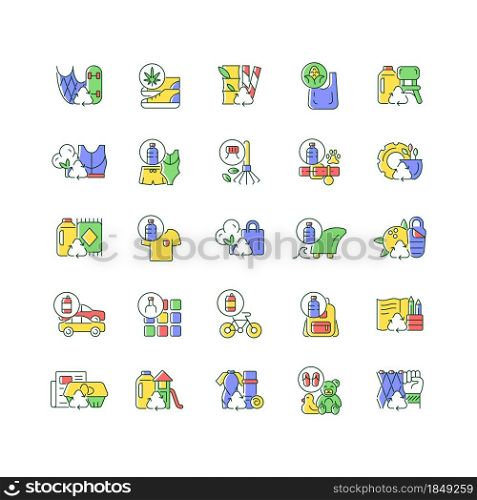 Recycled materials RGB color icons set. Sustainable option. Eco friendly products. Pollution control. Decreasing carbon footprint. Isolated vector illustrations. Simple filled line drawings collection. Recycled materials RGB color icons set